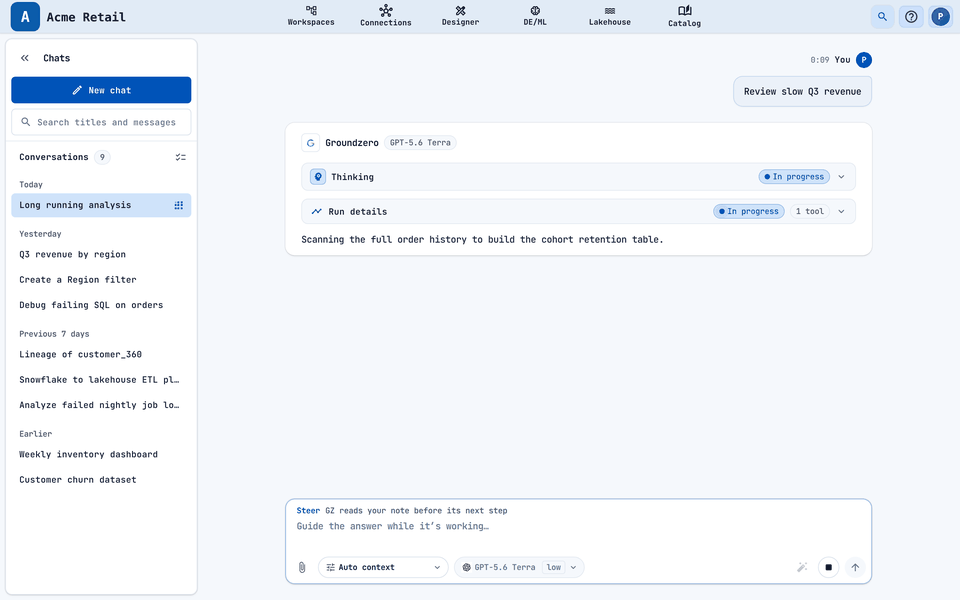 A run in progress: Thinking, Run details, and the Steer box.