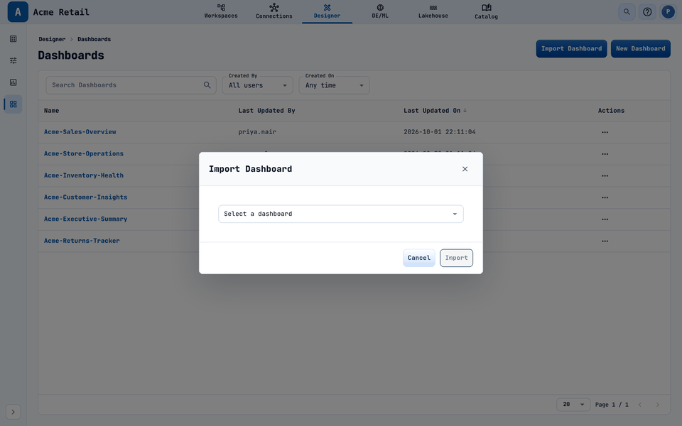 The Import Dashboard dialog.