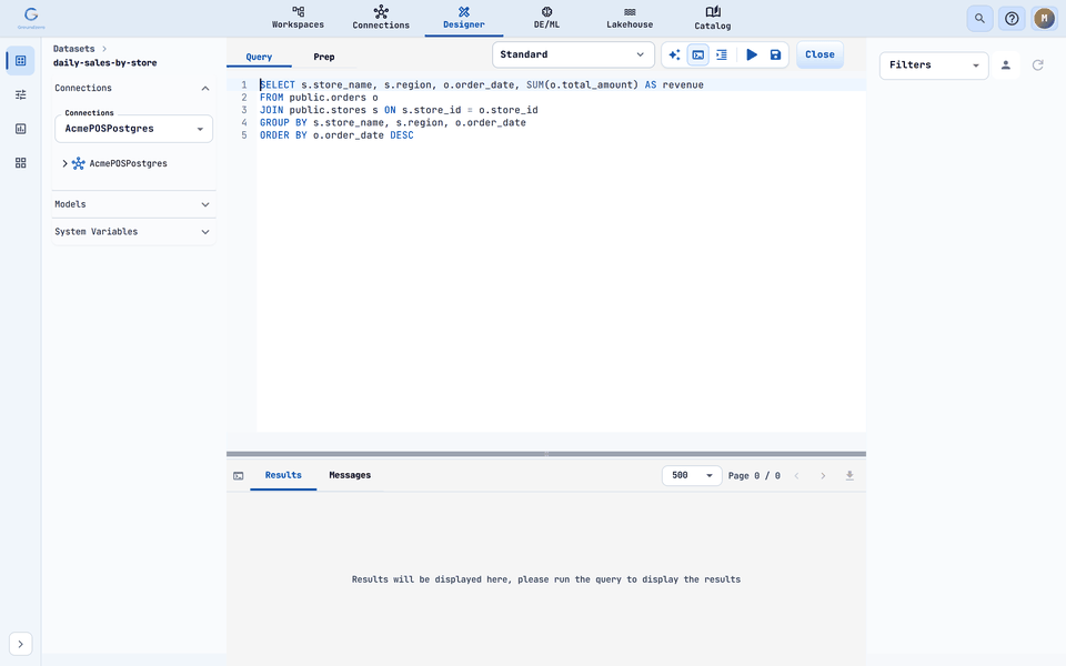 A SQL dataset on the Standard runtime. Left: Connections, Models, System Variables. Centre: the Query and Prep tabs. Right: Filters. Bottom: Results and Messages.