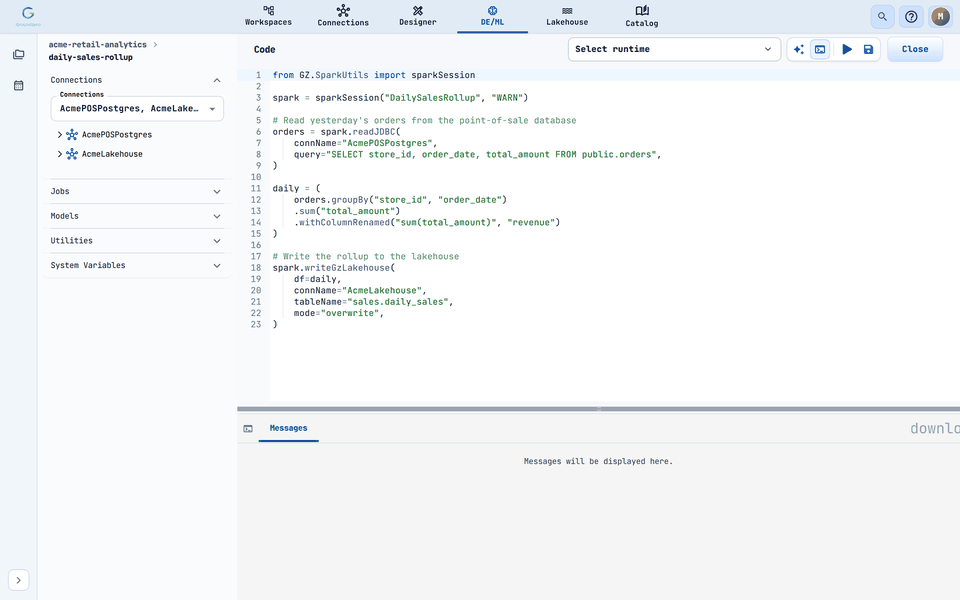 The editor. Left: Connections, Jobs, Models, Utilities and System Variables. Top right: runtime picker, assistant, output toggle, Run, Save, Close. Bottom: the Messages pane.