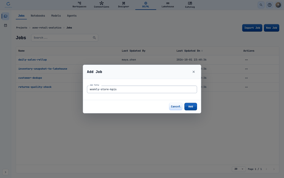 The New Job dialog asks only for a name.