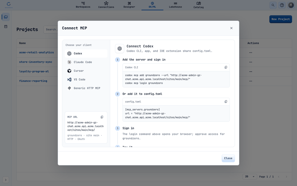 The guide shows the MCP URL for your site and the steps for each client.