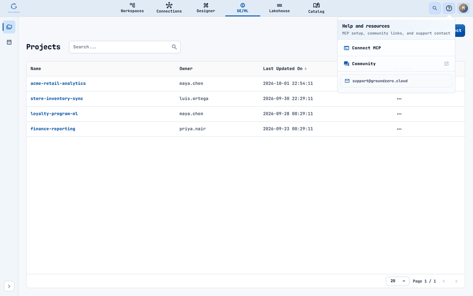 The Help and resources menu has Connect MCP, Community and the support address.