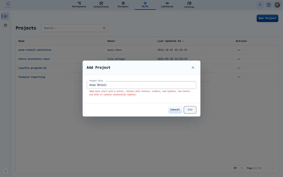 A name with a space is rejected. The helper text under the field states the rule.