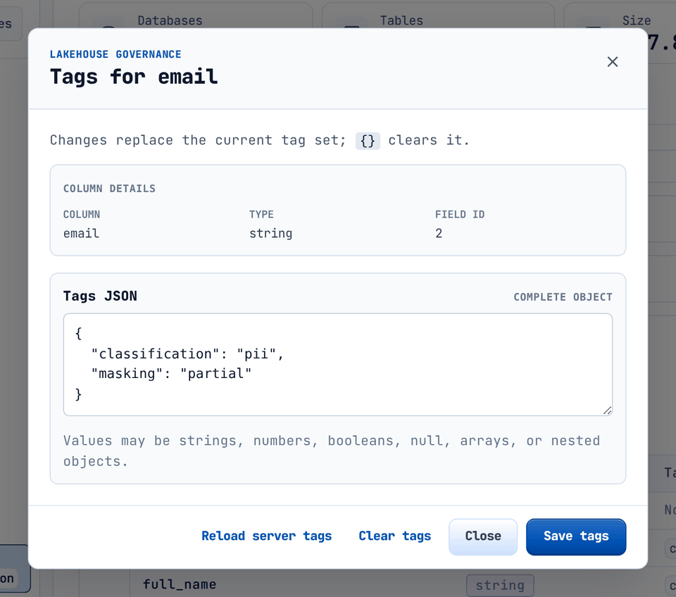 The column tag dialog edits one JSON object per column.