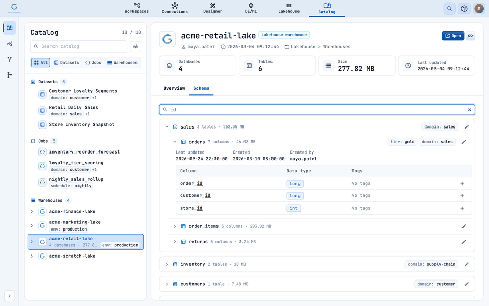 Filtering columns by "id" keeps only matching columns and highlights the match.
