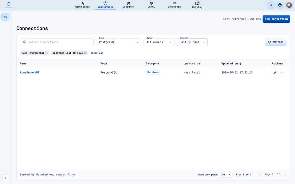 With a Type and an Updated filter active, matching rows and removable chips are shown.