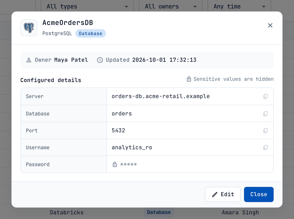 The details dialog shows the configuration. Secret values are replaced by a lock and five asterisks.