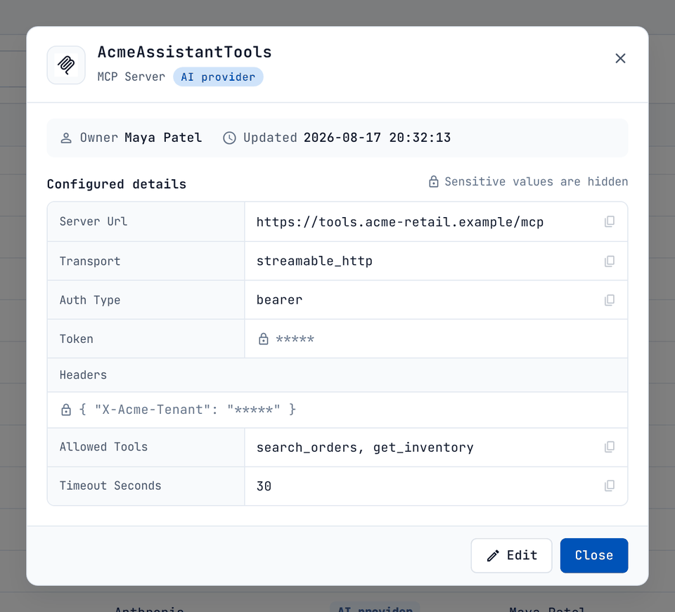 An MCP Server connection masks its token and every header value.
