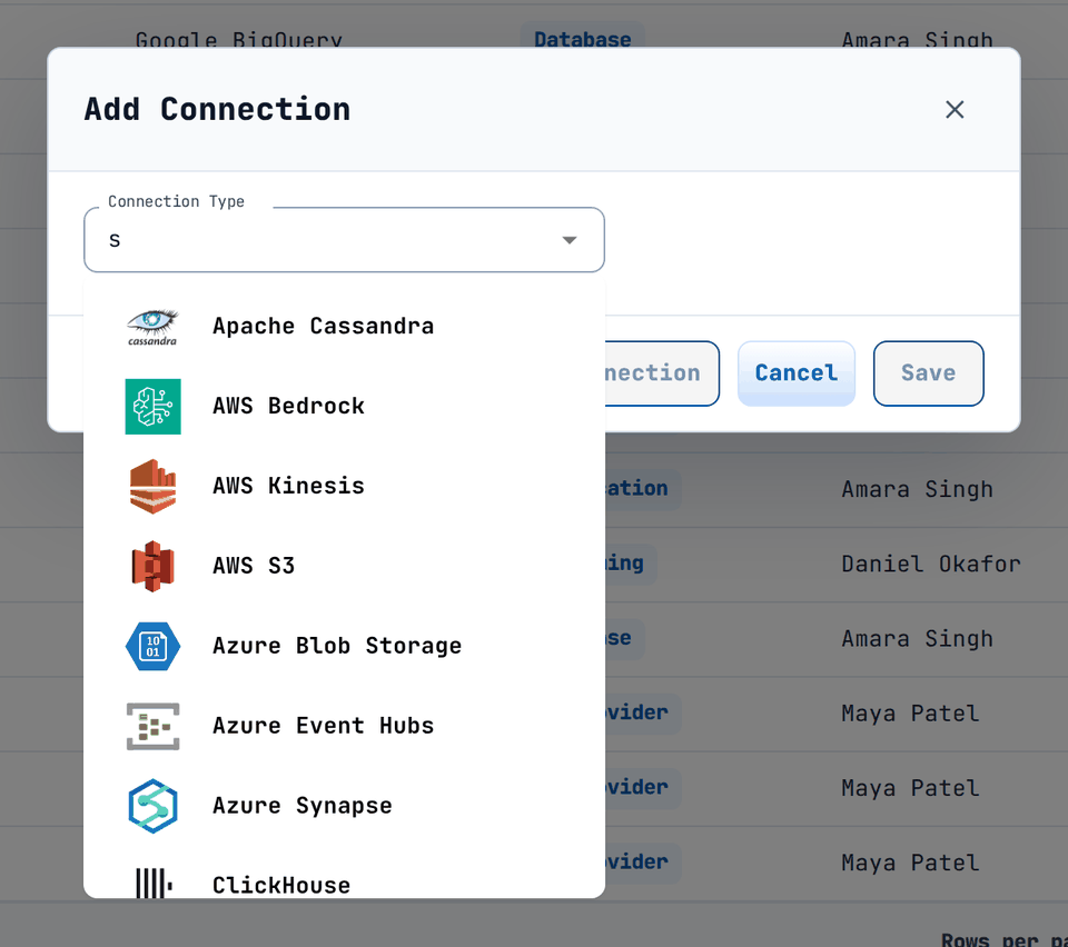 Typing in Connection Type narrows the list of connectors.