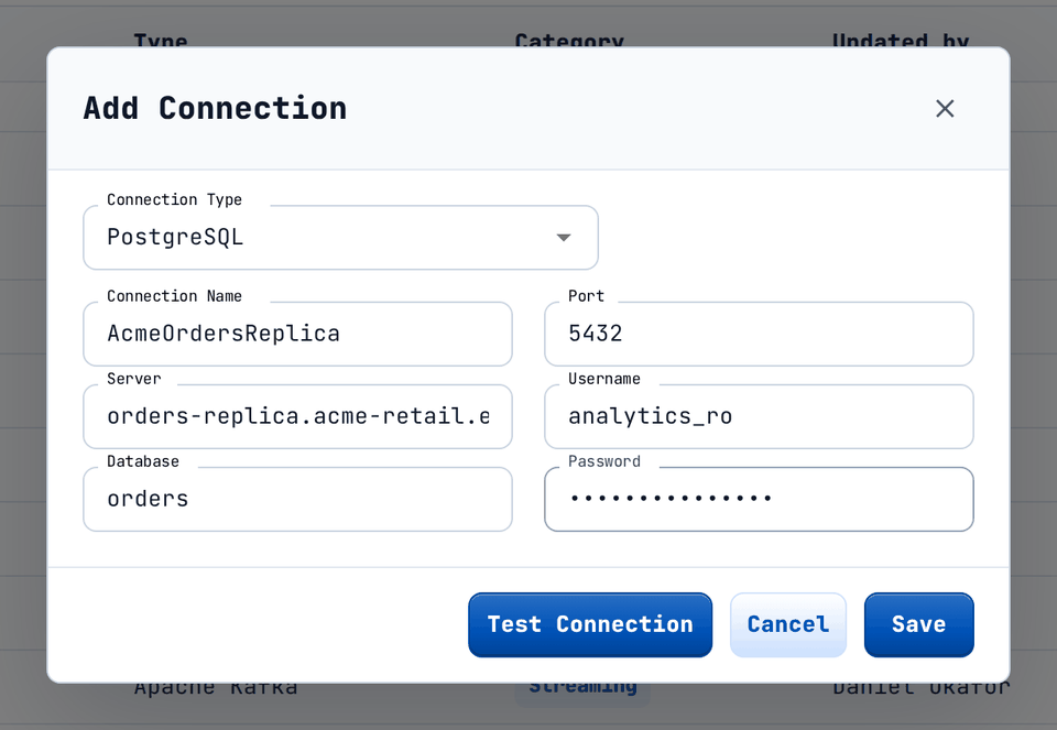 A PostgreSQL connection with its fields filled in; the default port 5432 is pre-filled.