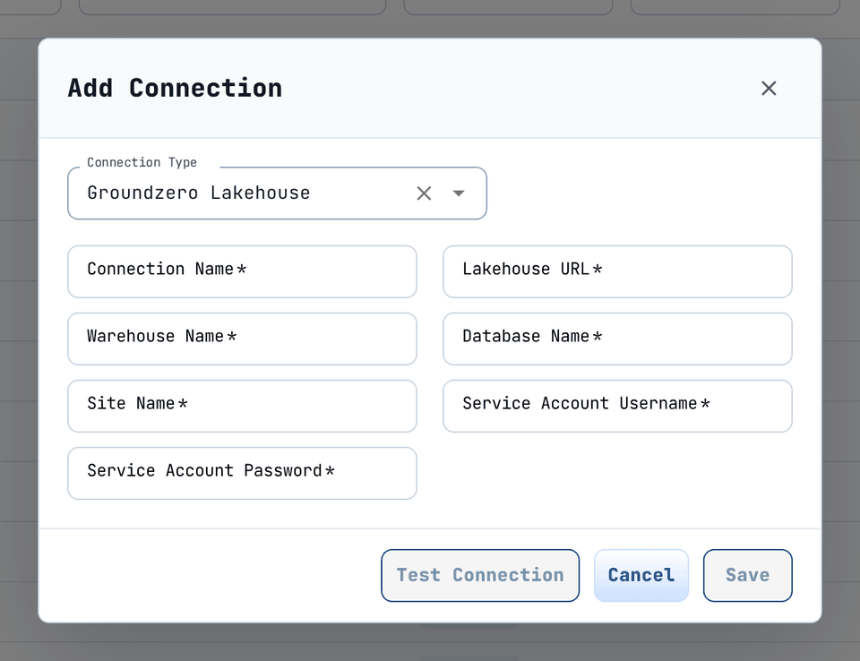The Groundzero Lakehouse form asks for the lakehouse host, warehouse, database, site and a service account.