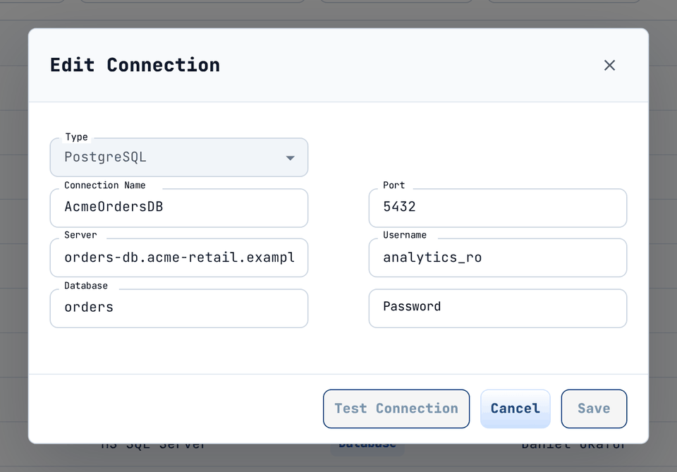 The Edit Connection dialog: the Type is locked and the password must be typed again.