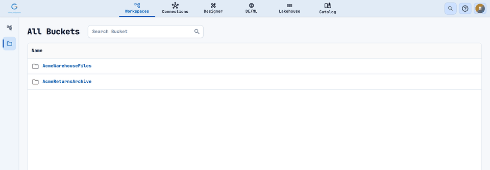 All Buckets lists the S3 storage connections you may see.