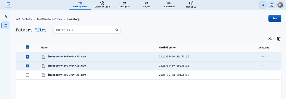 Selecting rows reveals bulk download and delete icons.