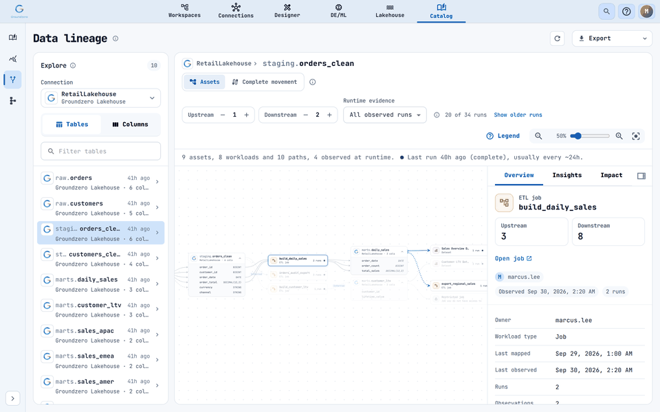 A job card: owner, workload type, last mapped and observed times.