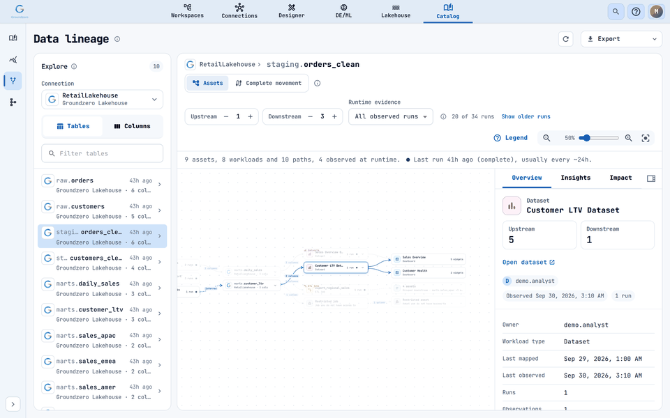 A dataset's Overview; scroll the panel to the Dashboards section that lists the dashboards built on it.