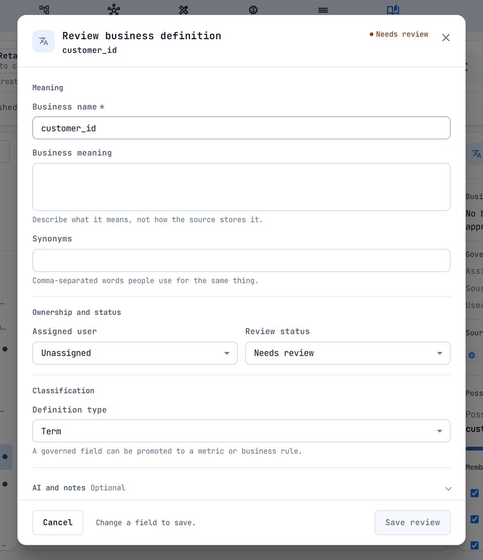 The Review business definition dialog.