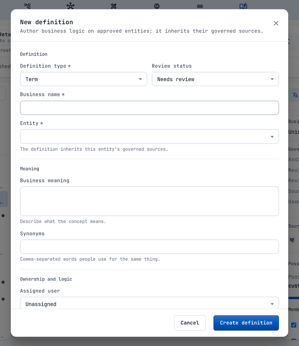 The New definition dialog.