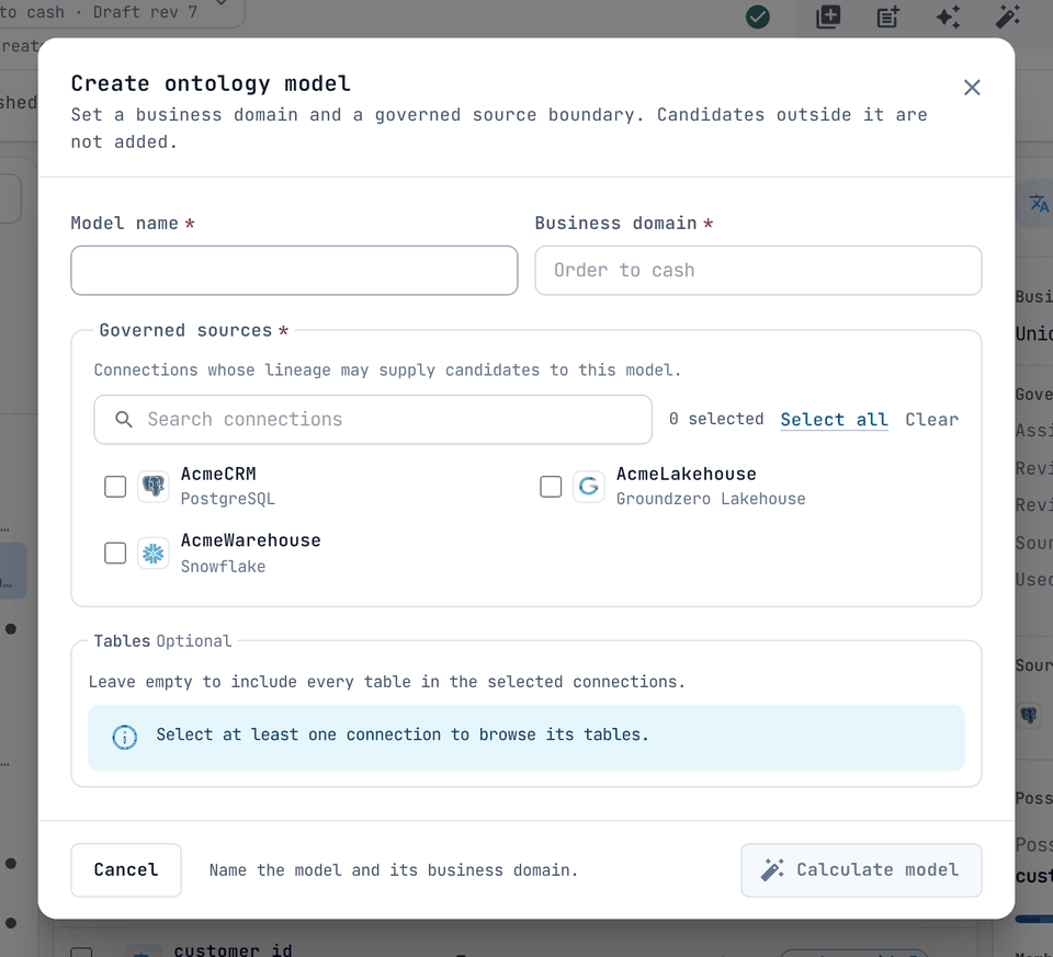 The Create ontology model dialog.