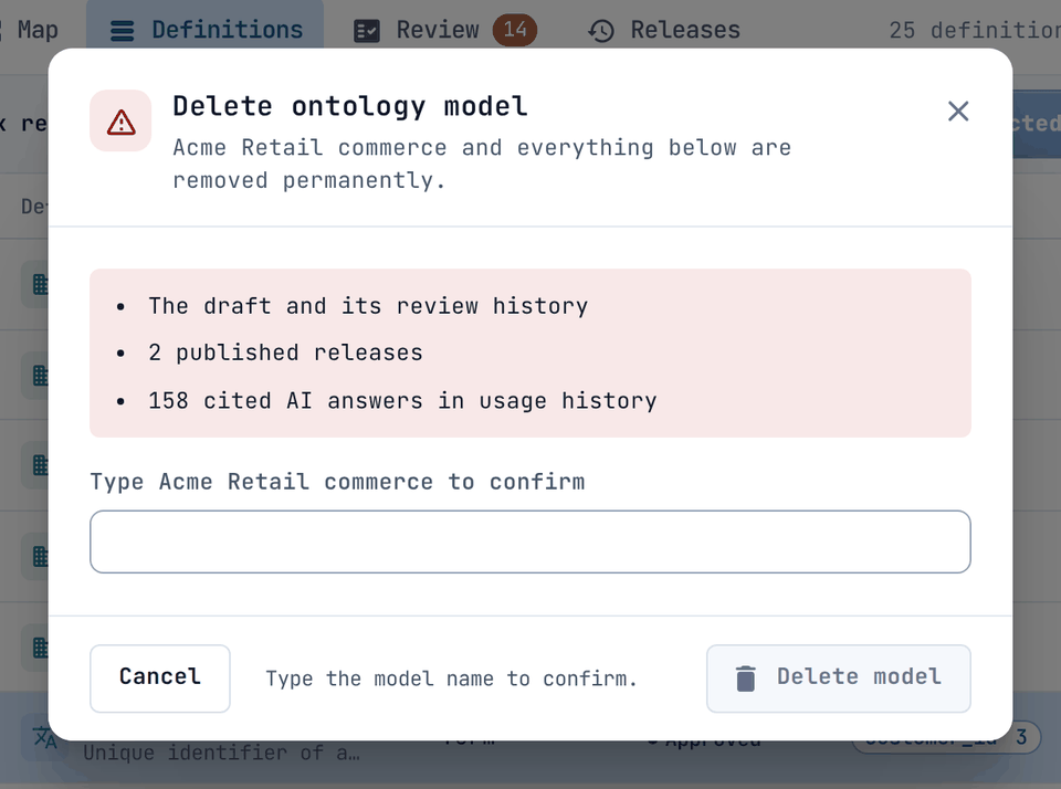 Deleting a model is permanent and needs the name typed.