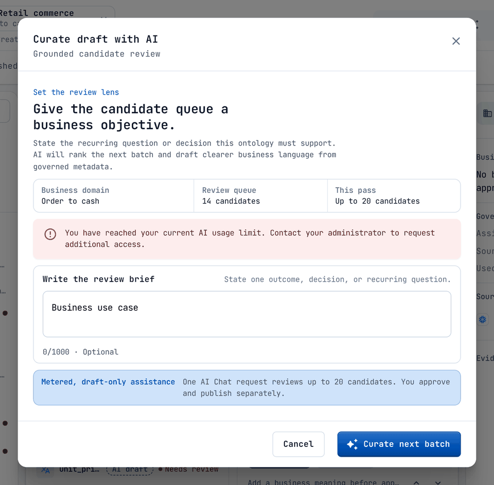 An exhausted AI budget stops curation with a clear message.