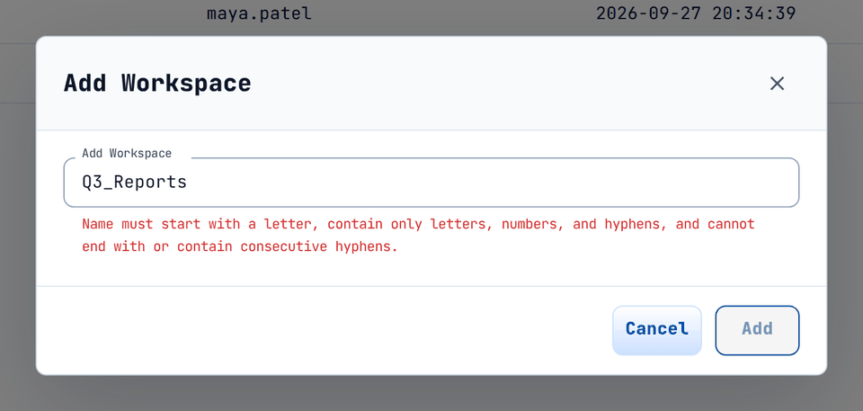 An underscore is rejected before you can save; the Add button stays disabled.