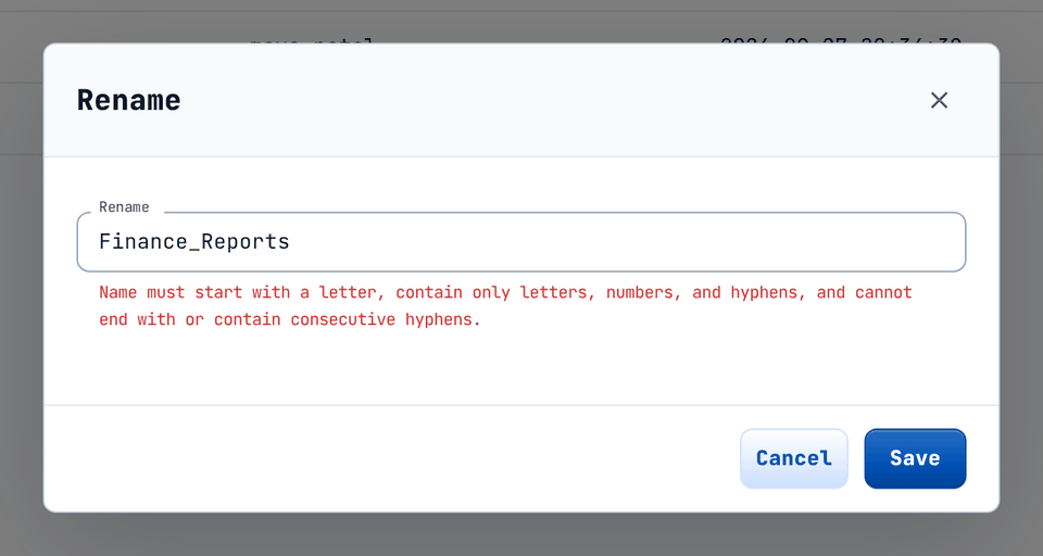 The Rename dialog shows the same name rule.