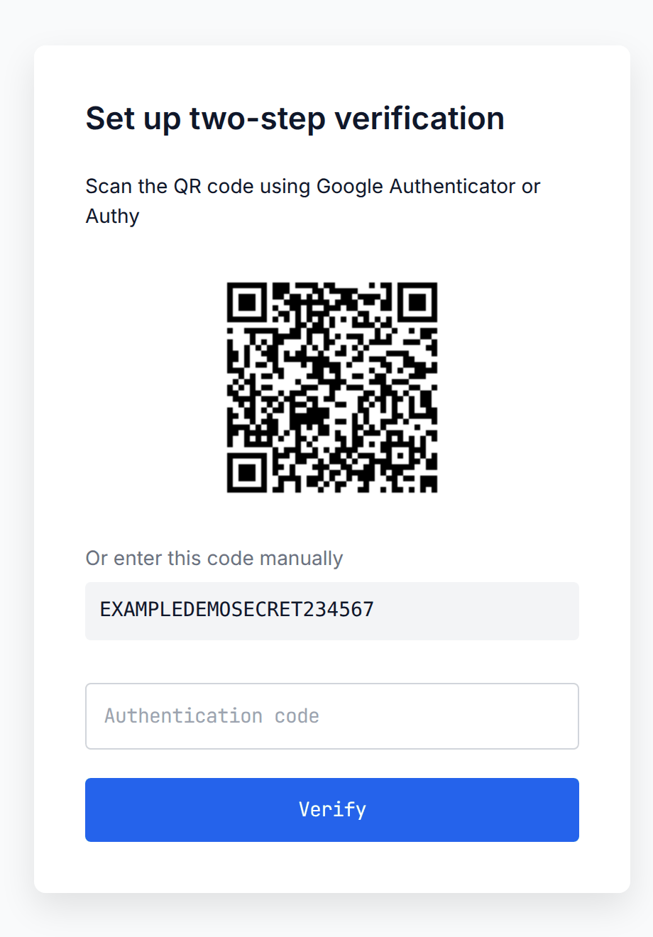 The first-time setup of two-step verification: a QR code, a manual code and the Authentication code field. The code shown here is a sample.