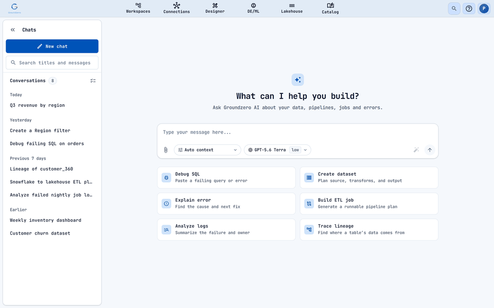 The home page: a message box with context and model controls, starter prompts, and the Chats list on the left.