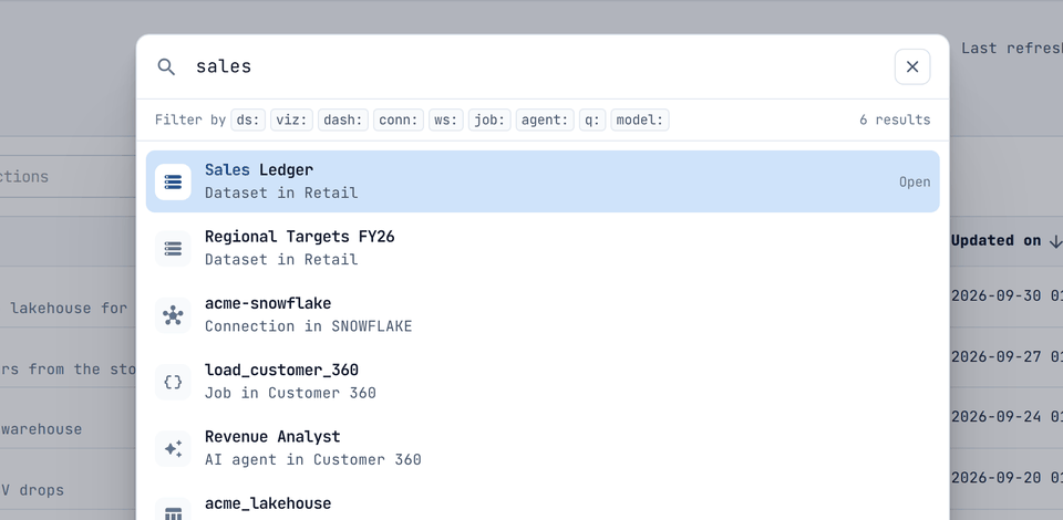 Global search with the query "sales": ranked results across kinds, and the prefix hints under the search box.