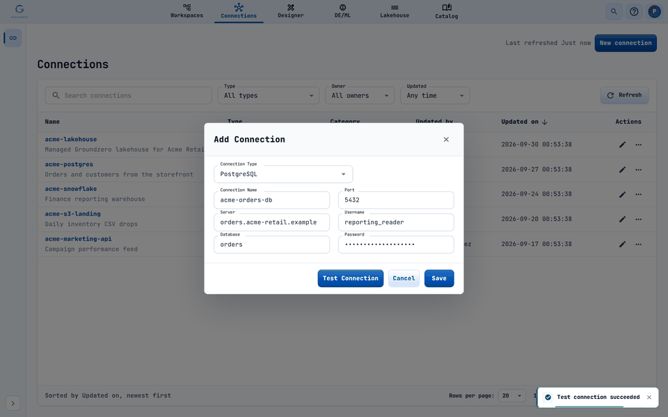 A PostgreSQL connection filled in with sample values. Test Connection and Save become available once every field has a value, and the test result appears as a toast.