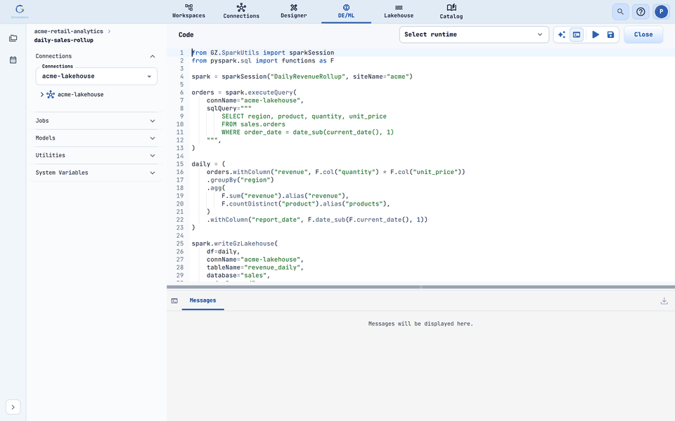 The job editor: connections and utilities on the left, code in the centre, the runtime picker and Run in the toolbar.