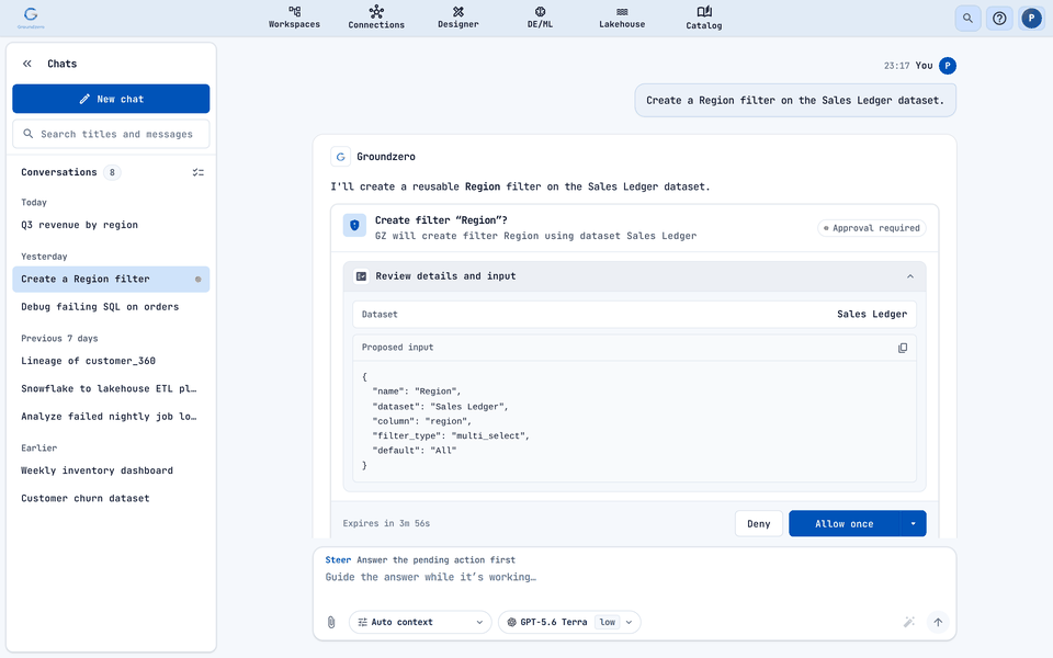 An approval card: the assistant proposes creating a filter and waits for Deny or Allow once.