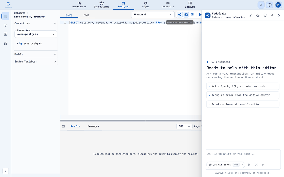 The code assistant opened beside a dataset editor, ready to write or fix code.