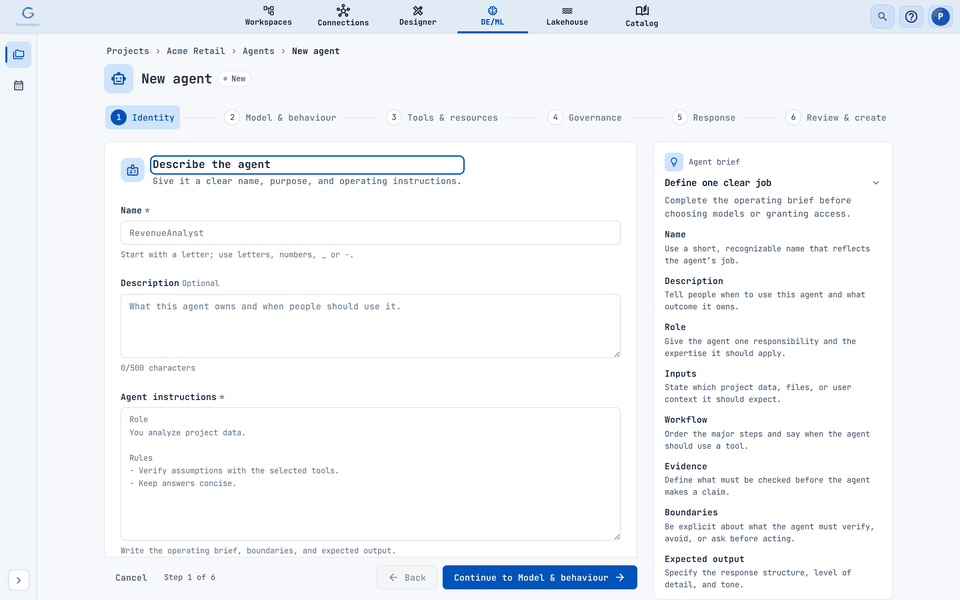Step 1 of the agent builder: Identity, with a guide panel that explains each field.