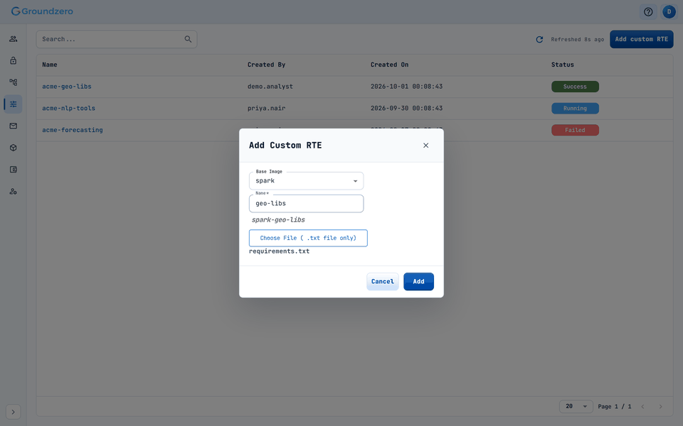 Add custom RTE: choose a base image, name the runtime and upload a requirements file.