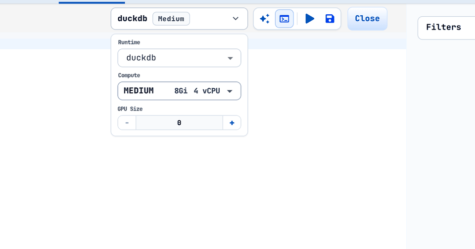 DuckDB selected: Compute and GPU Size, with no Minimum Workers control.