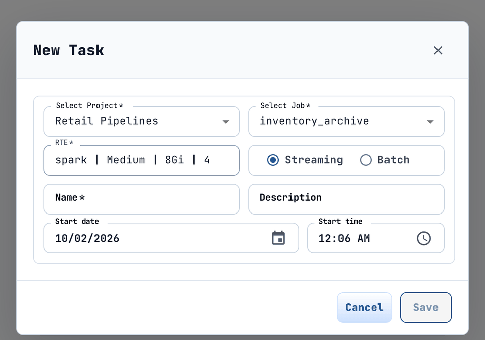 Scheduling a job: the RTE field records the runtime and compute as one value.